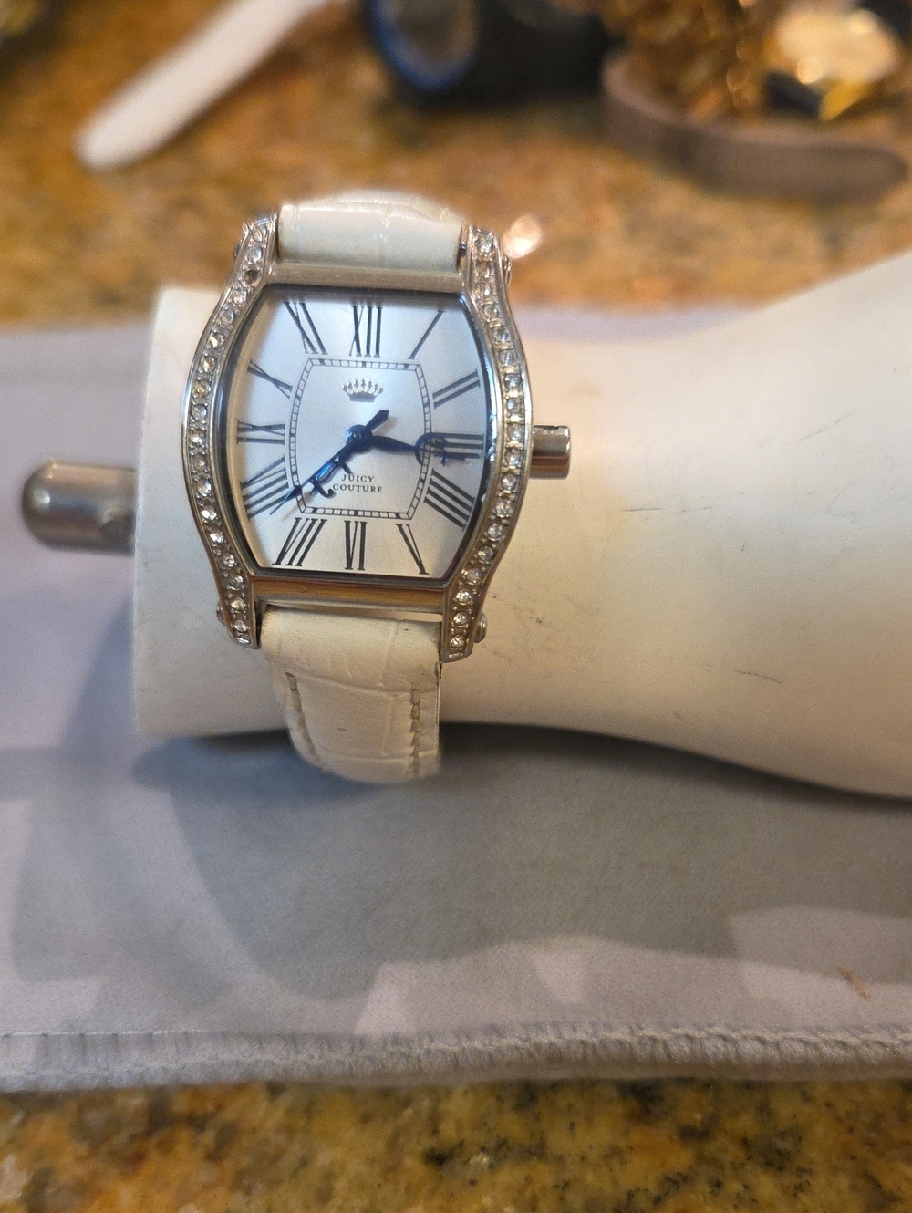 Juicy Couture White Leather Strap Crystal-Accent Watch 9 In
